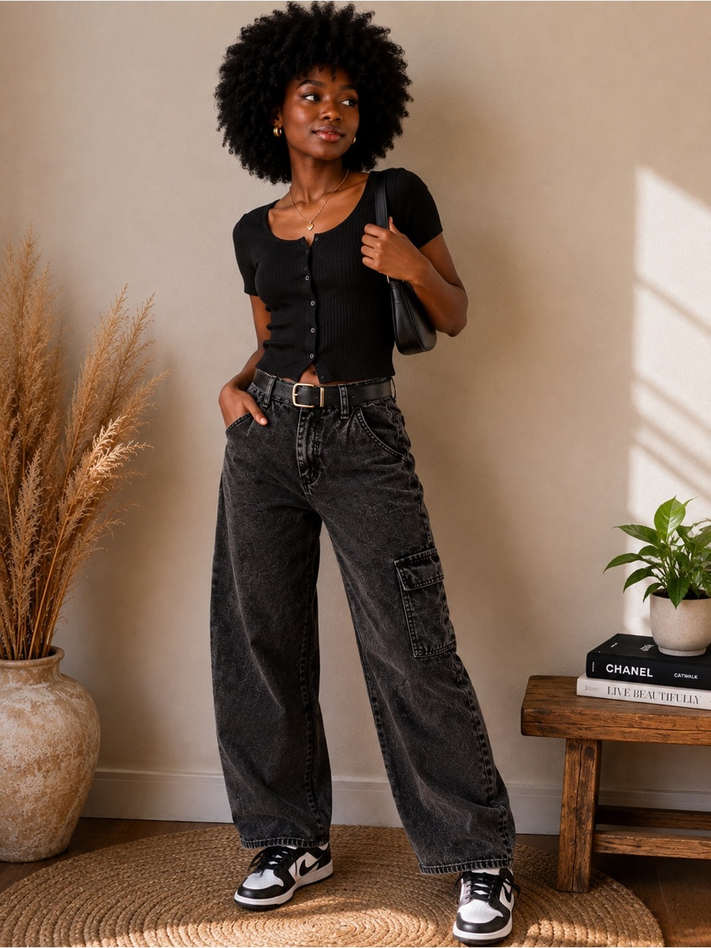 Black slightly acid Washed Cargo Jeans SHEIN Size Small